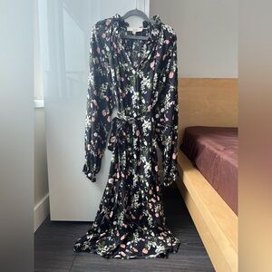 Vanessa Bruno Athe 100% Silk Black Floral Maxi Longsleeve Dress - Size 36